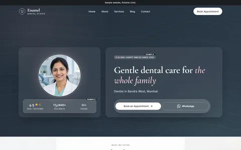 Enamel Dental Studio demo website, first screen
