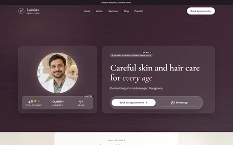 Lumina Skin Clinic demo website, first screen