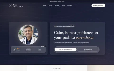 Nest Fertility Centre demo website, first screen