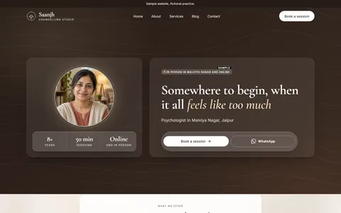 Saanjh Counselling Studio demo website, first screen